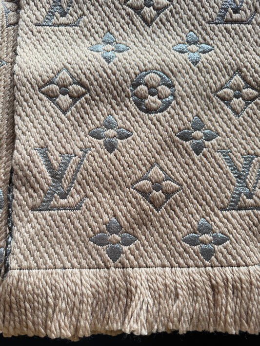 Louis Vuitton Logomania Scarf — Beige, Wool/Metallic Thread, New with Tag