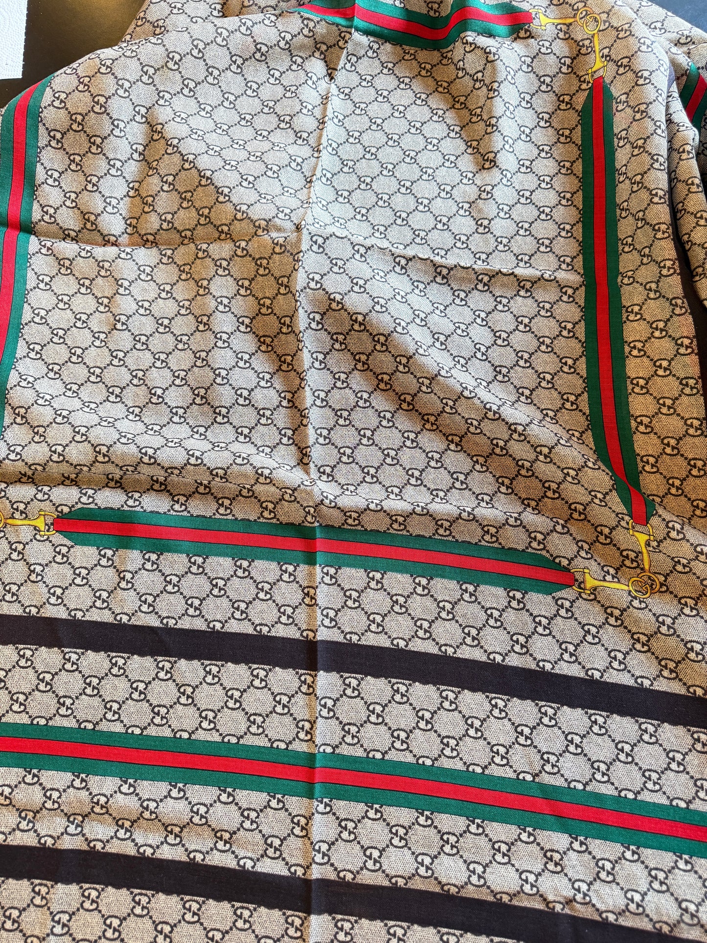 Gucci GG Wool Scarf — Beige/Red/Green, 140×140 cm, New with Tag