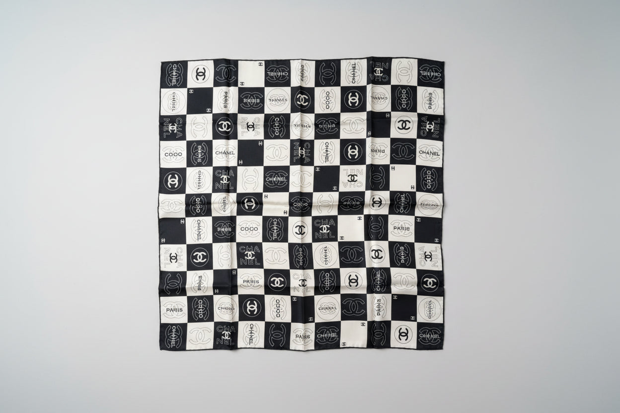 Chanel Mini Stole Scarf — Black & White, 65×65 cm