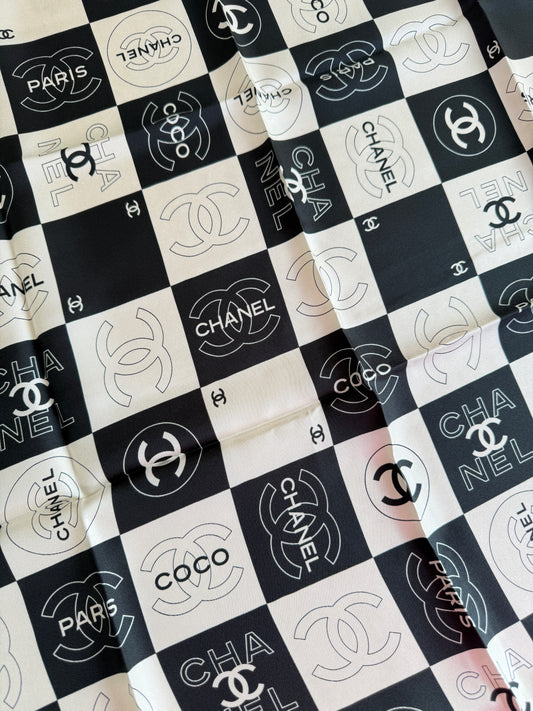 Chanel Mini Stole Scarf — Black & White, 65×65 cm