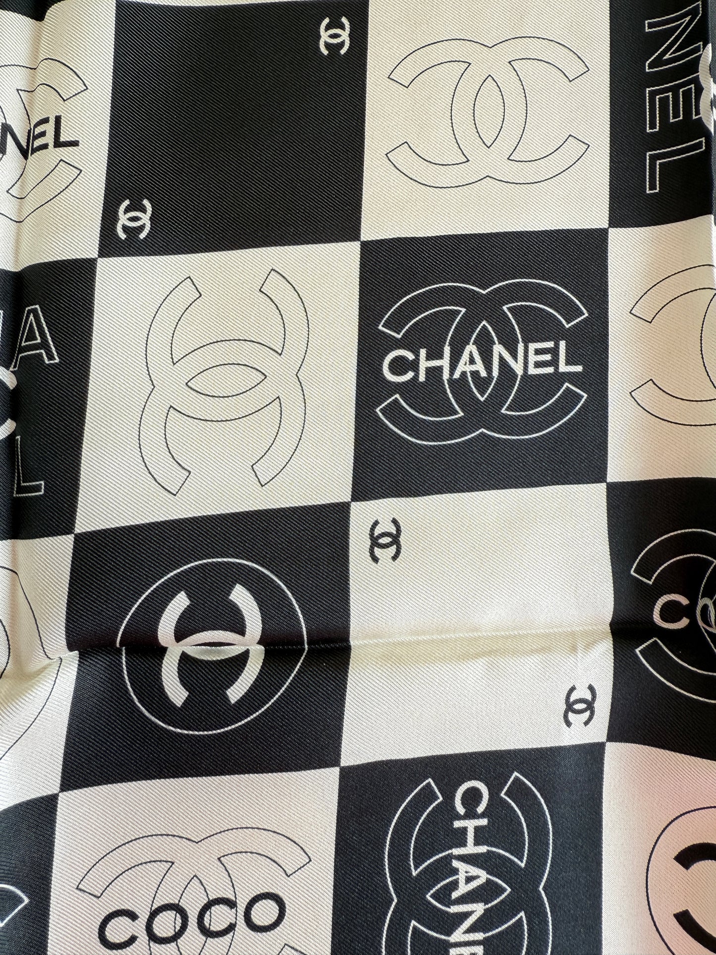 Chanel Mini Stole Scarf — Black & White, 65×65 cm