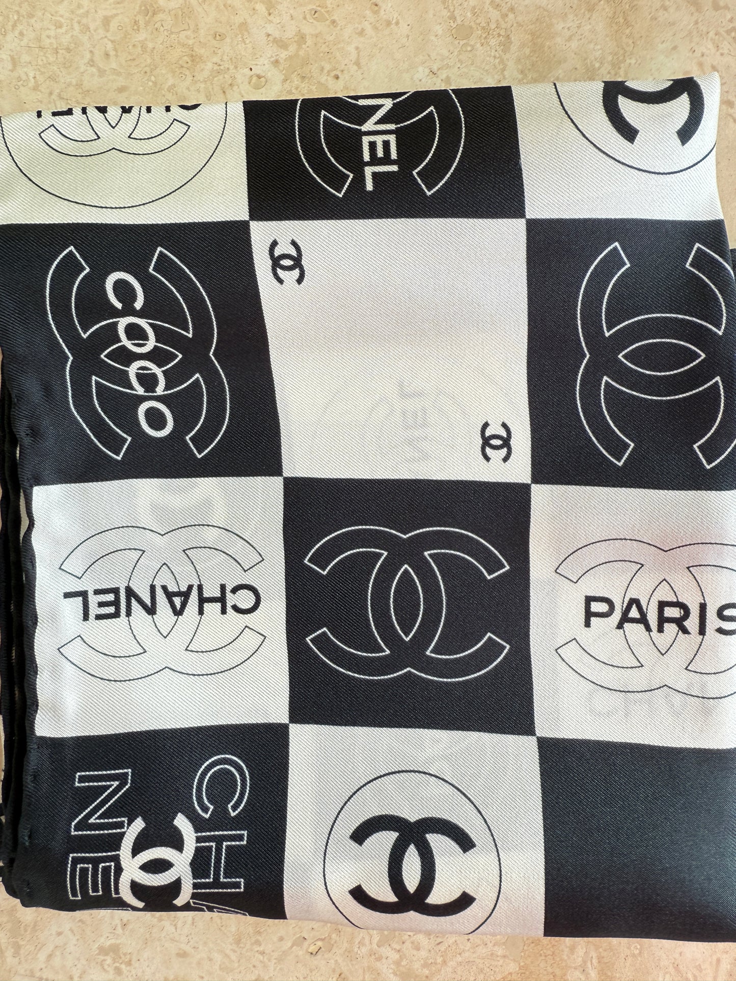 Chanel Mini Stole Scarf — Black & White, 65×65 cm