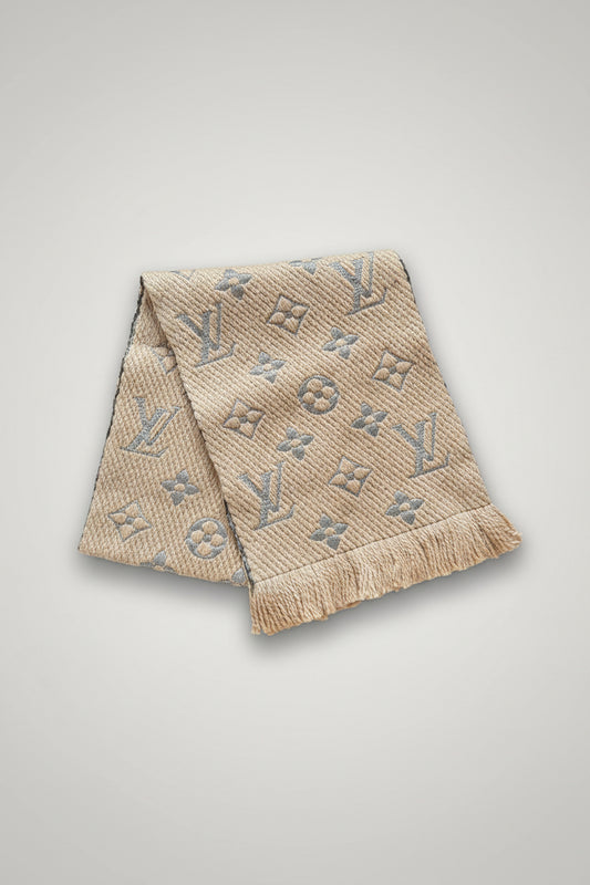 Louis Vuitton Logomania Scarf — Beige, Wool/Metallic Thread, New with Tag