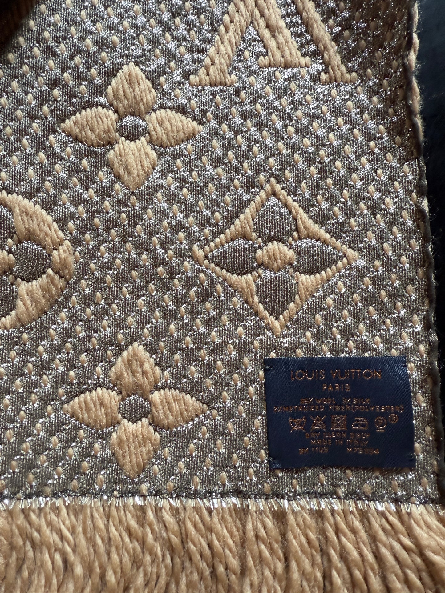Louis Vuitton Logomania Scarf — Beige, Wool/Metallic Thread, New with Tag