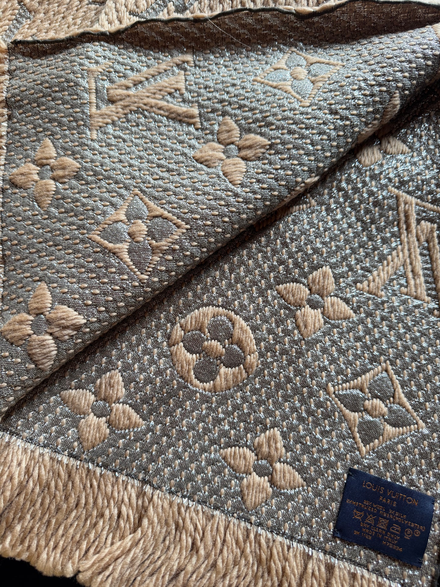 Louis Vuitton Logomania Scarf — Beige, Wool/Metallic Thread, New with Tag