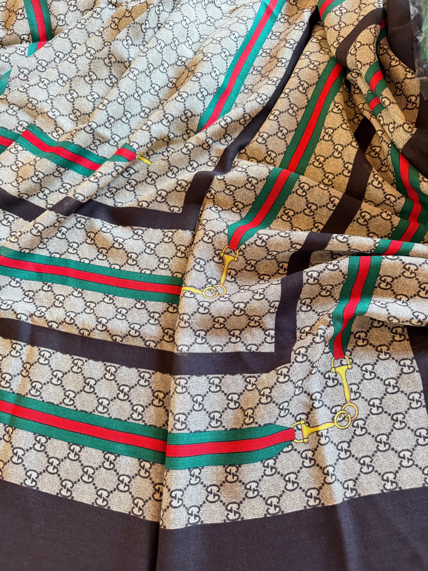 Gucci GG Wool Scarf — Beige/Red/Green, 140×140 cm, New with Tag